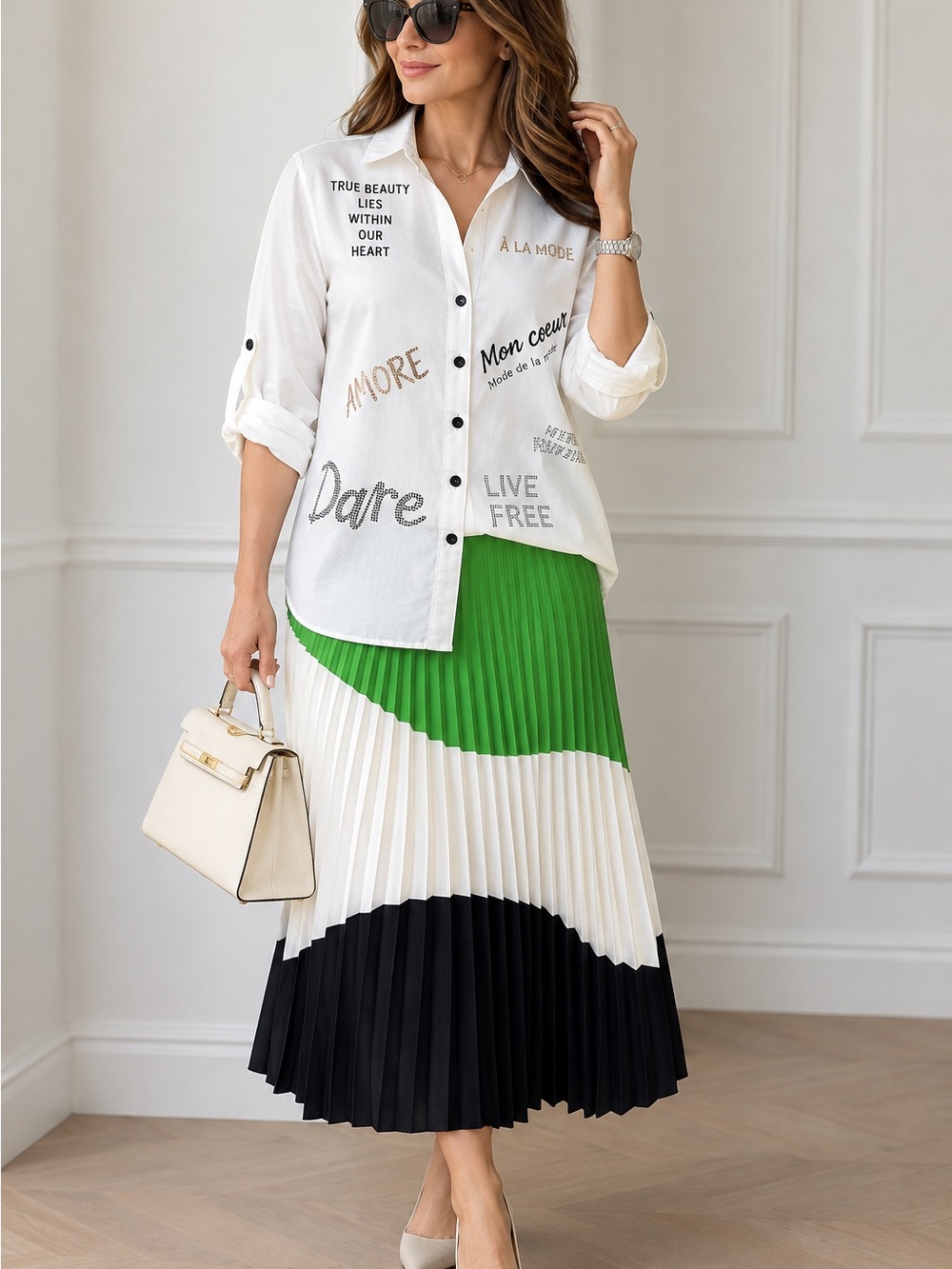 Karen Millen Green, White & Black Pleated Maxi Skirt